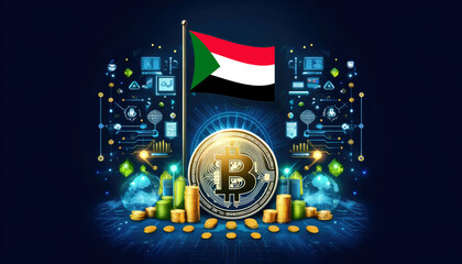Bitcoin, the Sudan flag, and global elements highlight the international impact and growing significance of cryptocurrency