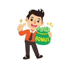 Cartoon businessman with big bag of bonus cash money for design.