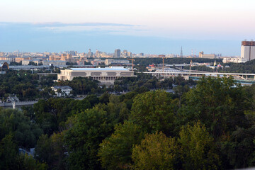 View of evening Moscow at sunset from the Sparrow Hills