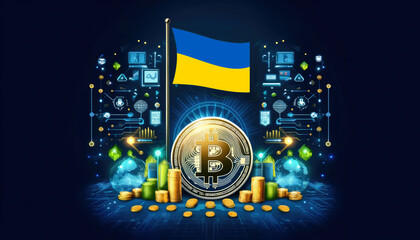 Bitcoin, the Ukraine flag, and global elements highlight the international impact and growing significance of cryptocurrency