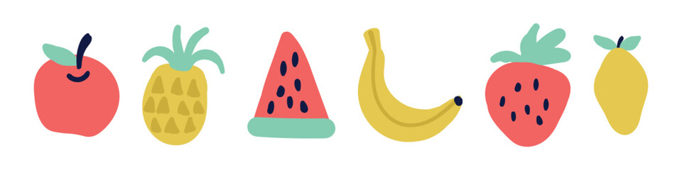 fruit clipart set illustration. pineapple, watermelon, banana, strawberry, lemon and apple. Illustration of fresh fruit — hand-drawn vector elements. Healthy natural vitamin food.