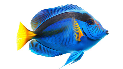 Naklejka premium Vibrant blue tang fish with striking colors, isolated on white background, showcasing its beautiful details and vivid hues for aquatic themes.