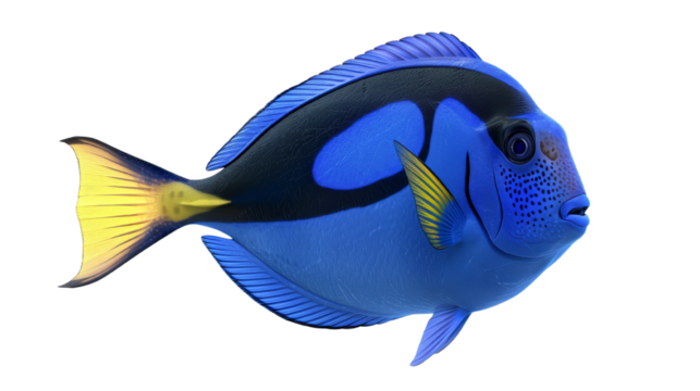 Vibrant blue tang fish with distinct yellow fins, swimming in profile against a white background. Ocean life and underwater beauty.