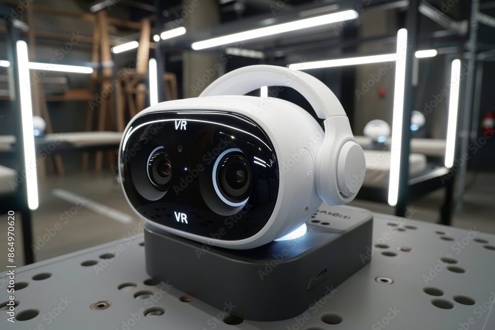 Poster close-up of a vr headset on a display stand, showcasing advanced virtual reality technology and slee