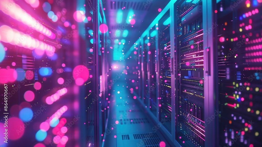 Poster computer server room with fiber optic cables in a room with futuristic light. cloud storage and web 