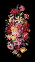 Beautiful bunch of colorful flowers on black background in vintage style festive flowers concept