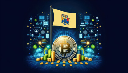 Obraz premium Bitcoin, the New Jersey flag, and global elements highlight the international impact and growing significance of cryptocurrency