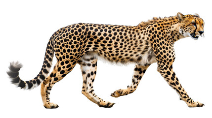 A high-resolution image of a majestic cheetah walking gracefully, showcasing its distinctive spotted coat and elegant posture.