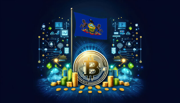 Bitcoin, the Pennsylvania flag, and global elements highlight the international impact and growing significance of cryptocurrency