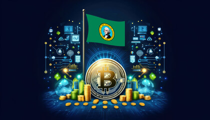Fototapeta premium Bitcoin, the Washington flag, and global elements highlight the international impact and growing significance of cryptocurrency