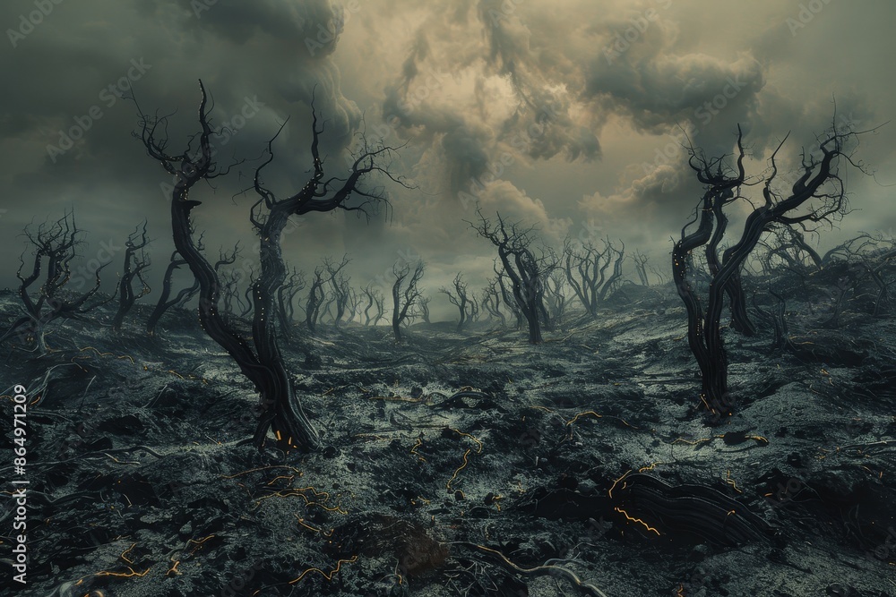 Poster a cluster of trees standing upright in barren soil, creating a stark contrast in a desolate landscap