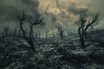 A cluster of trees standing upright in barren soil, creating a stark contrast in a desolate landscape, A surreal vision of scorched earth and twisted, charred trees in a wasteland of pollution