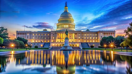 Obraz premium Capitol building glowing at blue hour in Washington DC, architecture, landmark, US Capitol, government