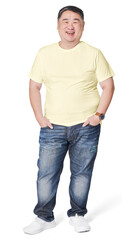 Obraz premium Men's yellow tee and jeans plus size fashion png mockup studio shot