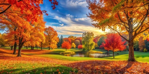 Fototapeta premium Beautiful autumn landscape with colorful foliage in the park, creating a stunning natural background , Autumn, landscape, park