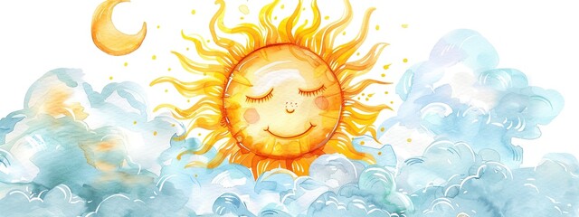 Hand painted watercolor sun smiling happily isolated on white background.