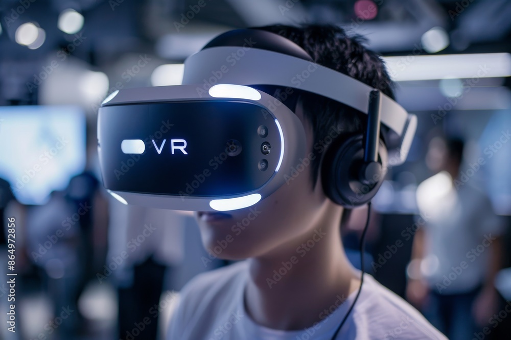 Poster man using vr headset in a crowded public space, highlighting the integration of virtual reality tech
