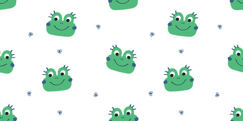 Cute frog seamless pattern. animal cartoon character catches insect. flat vector illustration. Template for Notebook covers, pattern for wallpapers, textile or nature background. childish motifs