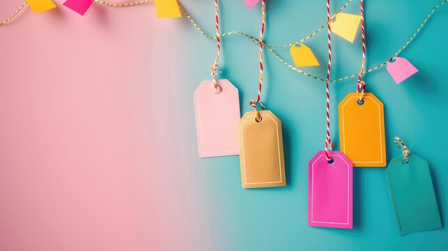 Price tags with vibrant discount stickers, sale event, dynamic typography, shopping season, promotional deals