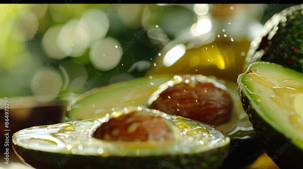 Poster a closeup of a fresh avocado being open with a bottle of avocado oil in the background highlighting 