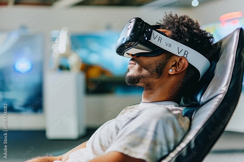 Poster man using vr headset in a futuristic workstation, showcasing advanced virtual reality technology for