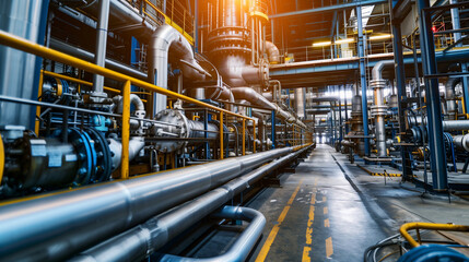 Fototapeta premium Interior of a Modern Industrial Facility with Pipes and Machinery, Highlighting Operational Efficiency