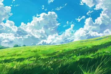Obraz premium Beautiful landscape painting of green meadow field with white clouds on blue sky in cartoon style.