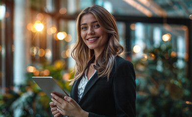 Fototapeta premium A young woman in a black suit smiles at the camera, holding a tablet computer. She is positioned in front of a window with blurred lights.
