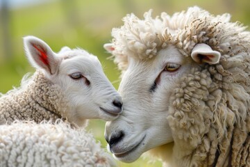 A baby lamb nuzzles its mother in a heartwarming moment of connection, A sweet baby lamb nuzzling up to its mother