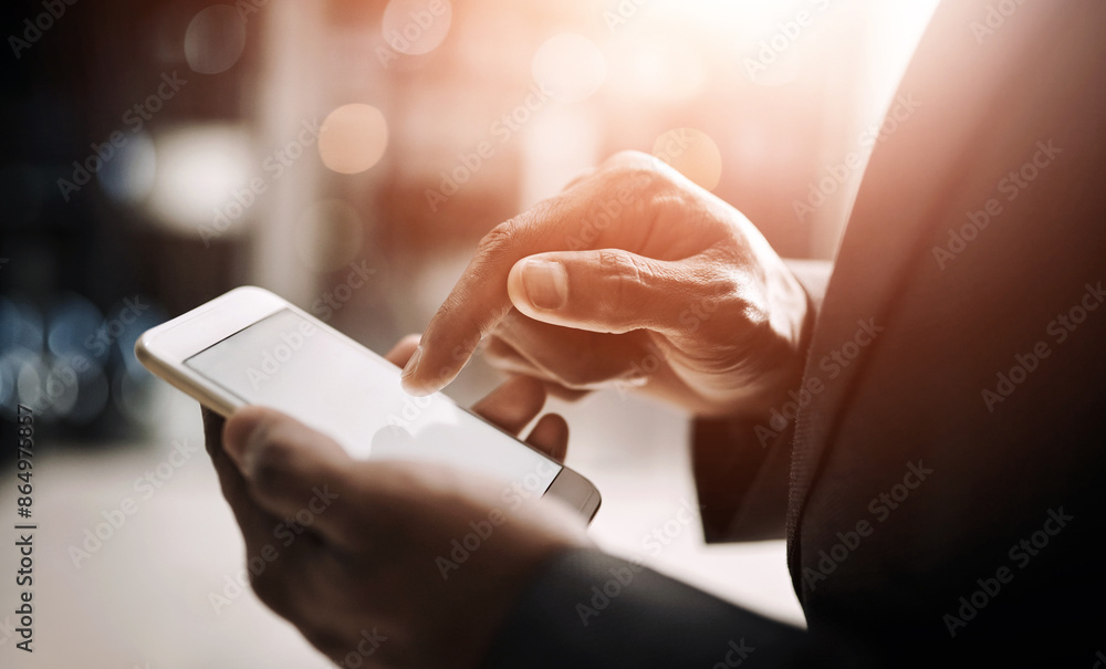 Poster hands, business person and smartphone screen for communication, networking and connection. mockup sp