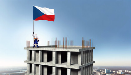 A construction worker proudly raises the Czech flag atop a new building, symbolizing progress and the construction of new real estate