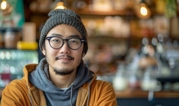 Photo of young Asian man at coffee shop, AI Generative
