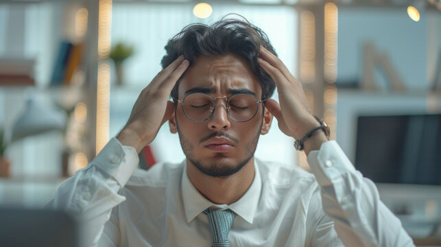 photograph of a light skinned man in a bright white office having a headache. he is sitting infront of a computer screen. the man is wearing office we, AI Generative