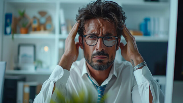photograph of a light skinned man in a bright white office having a headache. he is sitting infront of a computer screen. the man is wearing office we, AI Generative