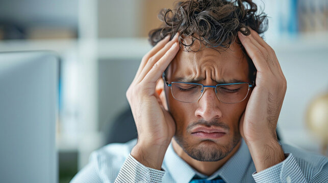 photograph of a light skinned man in a bright white office having a headache. he is sitting infront of a computer screen. the man is wearing office we, AI Generative