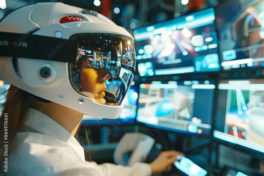 Poster astronaut using vr headset in a control room, illustrating the application of advanced virtual reali