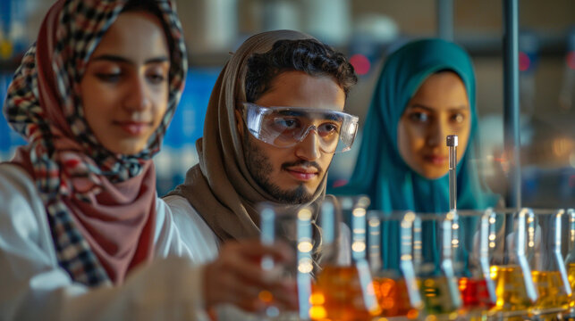 Young Arab students carrying out experiments in the school laboratory, AI Generative