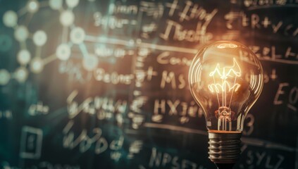 A bright idea Light bulb concept. Business growth. Innovation.experiment bulb glowing against a backdrop of complex mathematical equations and data visualizations, symbolizing innovation