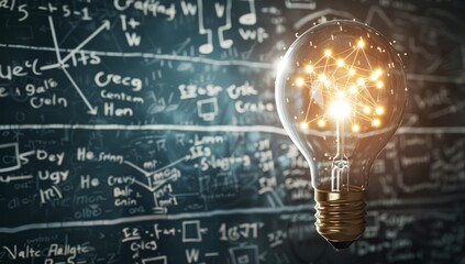 A bright idea Light bulb concept. Business growth. Innovation.experiment bulb glowing against a backdrop of complex mathematical equations and data visualizations, symbolizing innovation