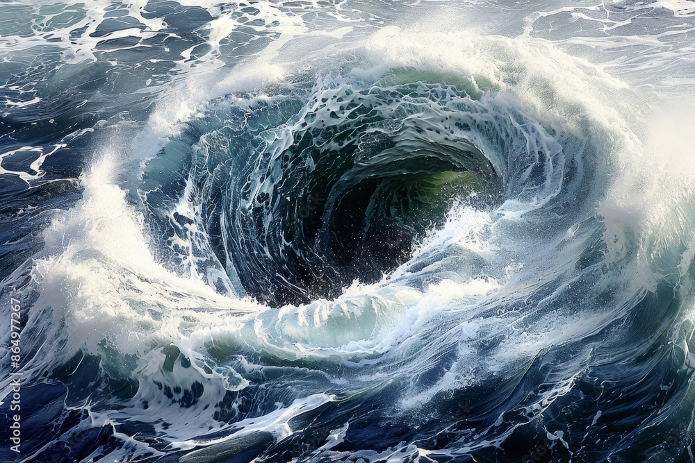 Poster a large wave with a swirling pattern crashing in the middle of the ocean, a swirling pattern of wave