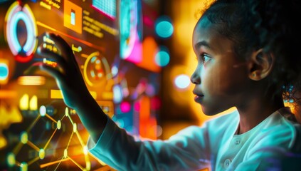 Young child in front of an interactive screen, interacting with digital data and AI technology, symbolizing the future of education through immersive VR learning experiences.