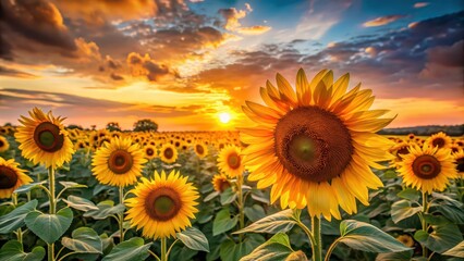 Obraz premium Sunflowers basking in the glow of a sunset , sunflowers, sunset, evening, golden hour, nature, plants, blooms, orange