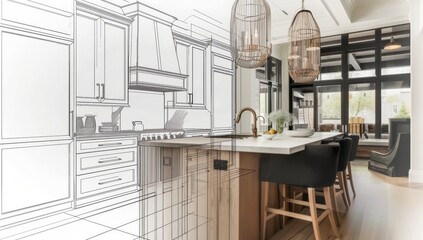 Modern kitchen with white marble wall panels and island bar, an interior design concept. Design plan mockup in white and color of luxury house