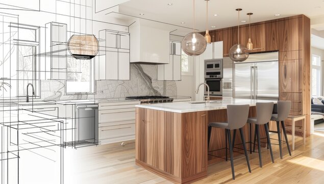 Modern kitchen with white marble wall panels and island bar, an interior design concept. Design plan mockup in white and color of luxury house