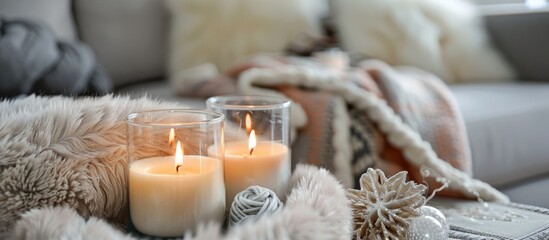 Creating an inviting winter home atmosphere with candle holders, soft blankets, and faux fur decorations.