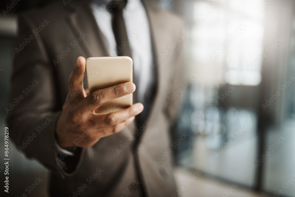 Poster hands, business and man on smartphone in office for communication, networking and connection. person