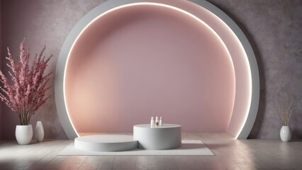 A room with beige decor elements, like a circular table and floor planters, beige walls adorned with arches, depicted in a 3D render, emphasizing light and expansiveness