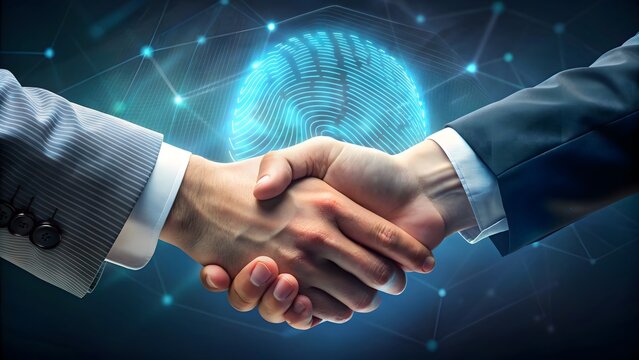 Business Handshake with Digital Fingerprint Scan - Cybersecurity and Partnership Concept