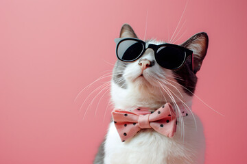 A cat is wearing sunglasses and suit on Pink Background.