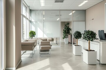 Fototapeta premium Modern office waiting area with light colors, windows, and plants